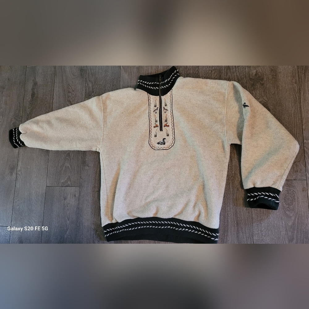 Cream and Black Turtleneck Sweater With Embroidery